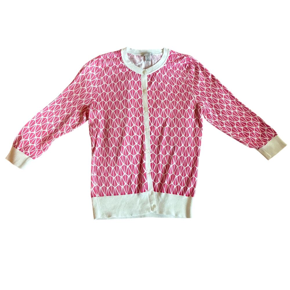 Halogen Cardigan Sweater Womens XS Pink/Ivory Geometric Cottage core Preppy